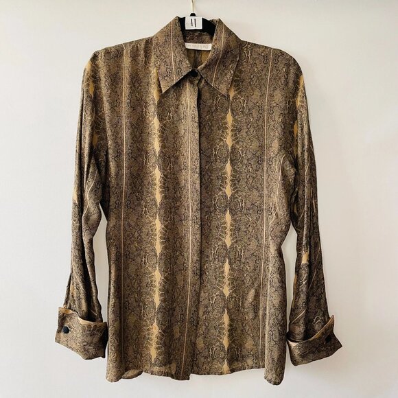 Pomodoro Womens Brown Gold Tapestry Style Print Silk Button Up Shirt Size 6 - Picture 1 of 8
